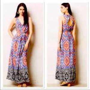 Anthropologie Maeve Women's A Line Dress MAXI Blue Coral Medallion Silk SIZE 4